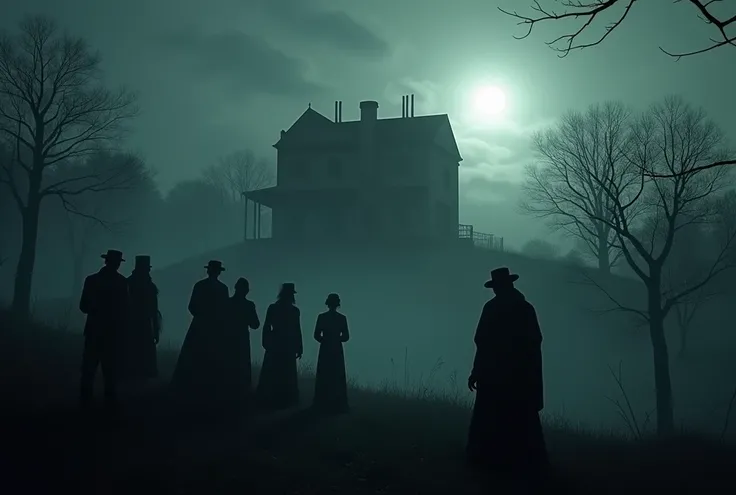  characters:  Silhouettes of villagers in the distance watching the house with expressions of fear or concern.  
Description:  The Alabaster House shrouded in a dark and intangible shadow ,  that extends like a black cloak around the mansion .  
Era: Late ...