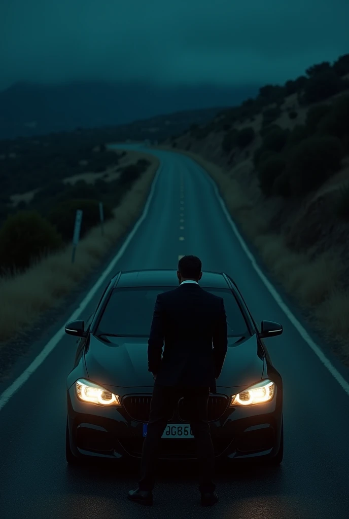  A man from behind who drives a luxury black hatchback on a deserted road alone, il fait nuit en Italie, The man is classy , brun, ambiance mafia. realistic photo. 