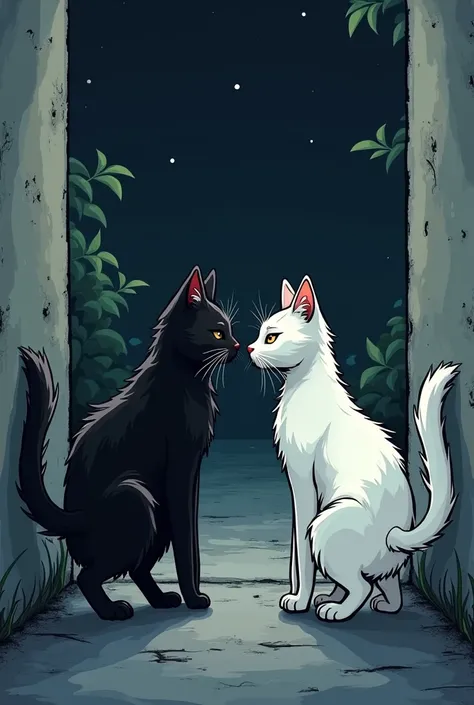  the following story with Rapid draw:
On a dark summer night, two cats, one black and one white, simultaneously approach each other from both sides of the wall and collide. Both cats tell each other to let the other pass, but neither is willing to back dow...