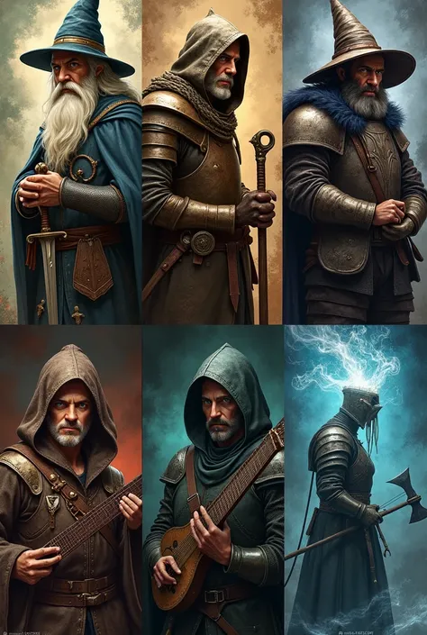 (photorealism:1.2), create six distinct, intricately detailed medieval fantasy illustrations, each showcasing a unique archetypal character, including a wise and powerful wizard with a long white beard and pointed hat, clutching a worn staff, a fearless an...