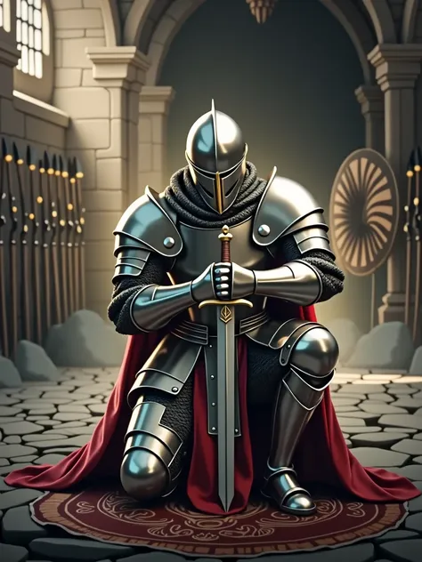 Image of a medieval soldier in shining armor, wearing a full helmet that covers his entire head and face, standing in a dimly lit armory. The soldier is carefully donning his armor, adjusting his gauntlets and preparing his sword, symbolizing the act of sp...