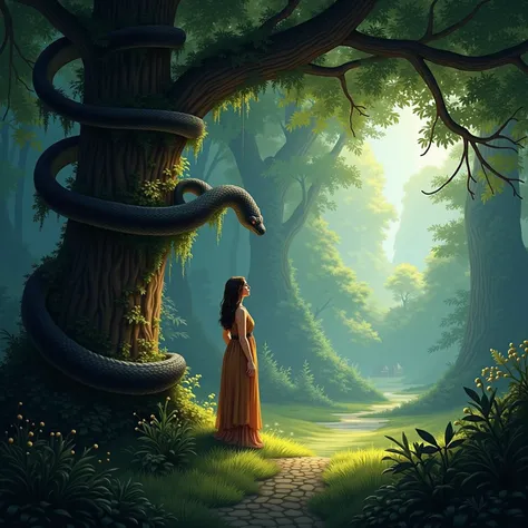 An illustration depicting a scene from the Garden of Eden, with a subtle and mystical serpent coiled around a tree, whispering temptations to Eve. The atmosphere should be both beautiful and ominous, with a mix of light and shadow symbolizing the hidden da...