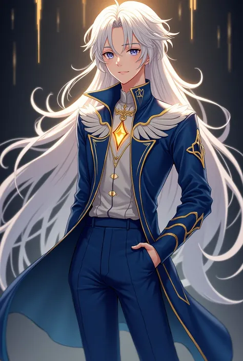 A beautifully drawn (((MALE))) character with a youthful face and ((long, flowing white hair)), dressed in a ((fantastical outfit)) that exudes a sense of elegance and whimsy. The costume includes a (blue coat) that boasts a (distinctive Angelic emblem) ad...