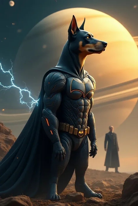 a dog with batman clothes in saturn led by nikola Tesla 