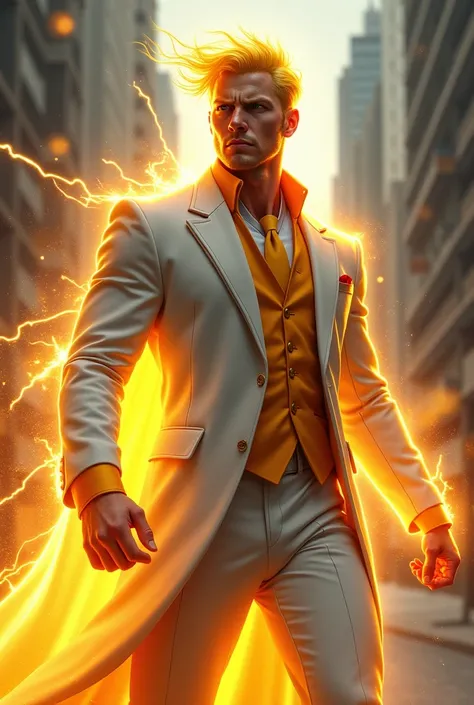  Create a grown man with yellow hair and with a white line in his hair that looks like lightning, Also give him a formal suit with white and orange colors and give him super speed  