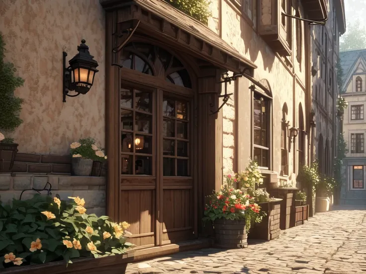 A serene, cozy café in a quiet European town, nestled on a narrow cobblestone street with ivy-covered walls, warm ambient lighting from vintage street lamps, detailed wooden chairs and tables set outside, a soft golden-hour glow reflecting off the windows,...