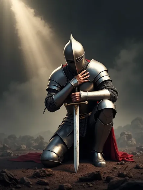  A medieval knight in ragged armor kneels in a war-torn field ,  surrounded by the remnants of the battle . One hand rests on the chest ,  while the other holds a sword stuck in the ground .  Rays of light penetrate the surrounding darkness ,  symbolizing ...