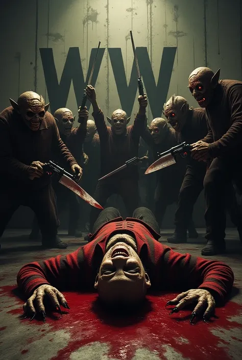 Army of cursed elves with rifles and machetes cutting off Freddy Kruegers head on the floor with a background that says “W” and “O” with blood in prison 