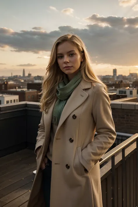 portrait,  professional photograph of the blond American woman on a rooftop in London at sunset, With the city lit up in the background.  She wears an elegant long coat and a light scarf ,  looking at the horizon with a contemplative expression.  The soft ...