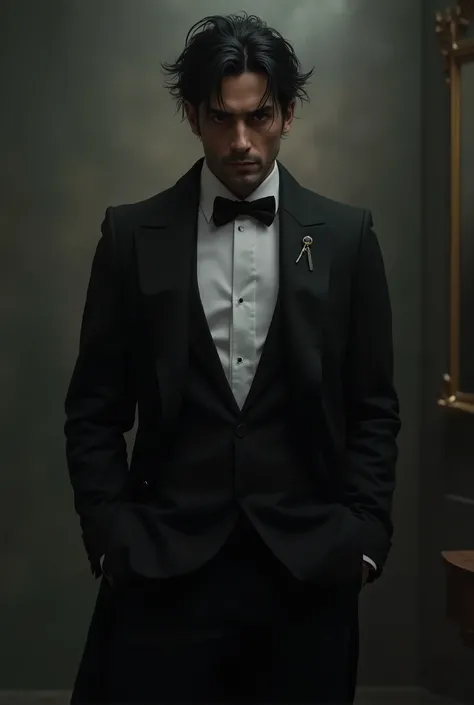 Man with messy short black hair and wearing a tuxedo