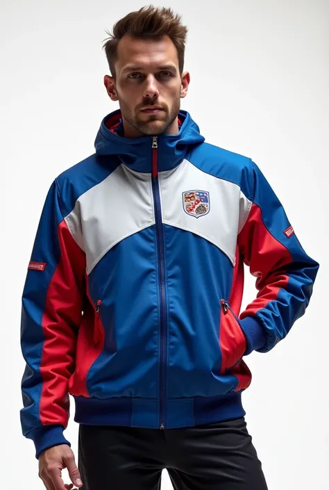 promotional jacket with blue colors, white and red