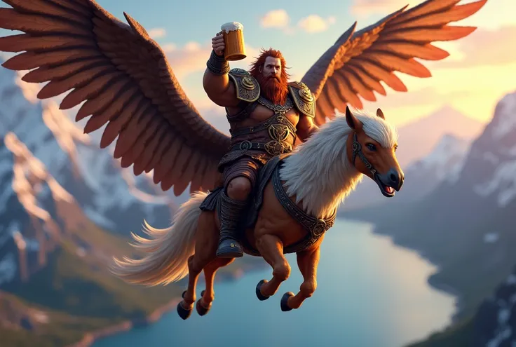 Un nain issu de lunivers de World of Warcraft. Il est vêtu dune armuire en cuir. Il chevauche un griffon de lunivers de World of Warcraft. Le griffon est équipé dune selle et de mors. Ses ailes sont déployés. Il est entrain de voler au dessus dun lac. Derr...