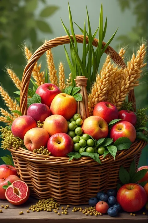  Create the image of sugar cane,  often, table, Wheat, Pea, peaches, apple and plum trees in a basket 