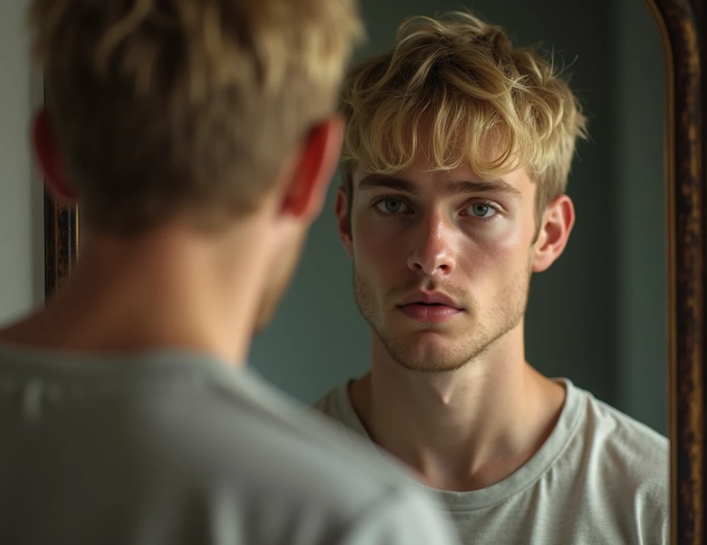 A realistic photograph of a young man (about 25 years old) with short blonde hair, blue eyes, and fair skin, standing in front of a mirror, reflecting deeply on his thoughts. The room is softly lit with natural light, symbolizing the introspection required...