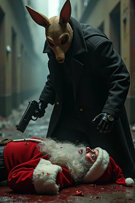 Hitman in kangaroo mask shooting Santa Claus lying on the floor