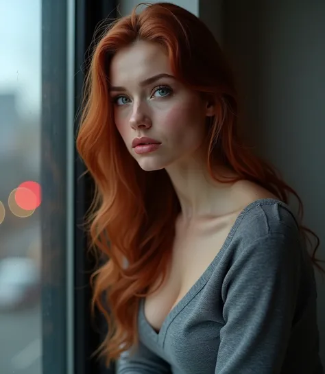 (photorealism1.2) very beautiful adult 34 years old woman, light skin, long red wavy hair, blue eyes, light muscles, giant boobs, light red lips, grey sweater, serious face, with face leaning on window, looking to the window, touching the window, big glass...