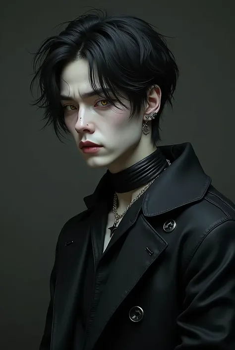 Exhausted, korean, goth, man, pale skin, black hair, yellow eyes, black clothes, depressed, tired, piercings, leather collar, black nails, dark