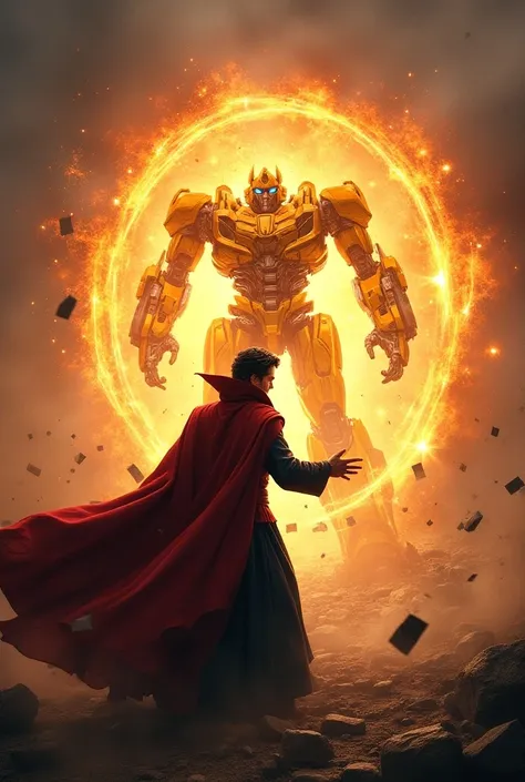 Crea un immagine di doctor strange che apre un portale arancione durante una battaglia dal quale si intravede Optimus prime e Bumblebee in arrivo 