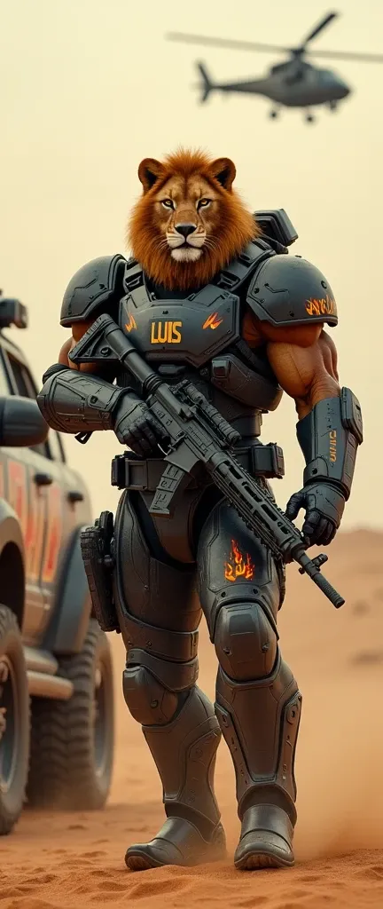  A very detailed photorealistic image of a humanoid warrior similar to a lion , muscular, heavily armed and armored ,  wielding a futuristic assault rifle ,  standing in front of an all-terrain vehicle with a sticker with the text  "Luis"  with letters of ...