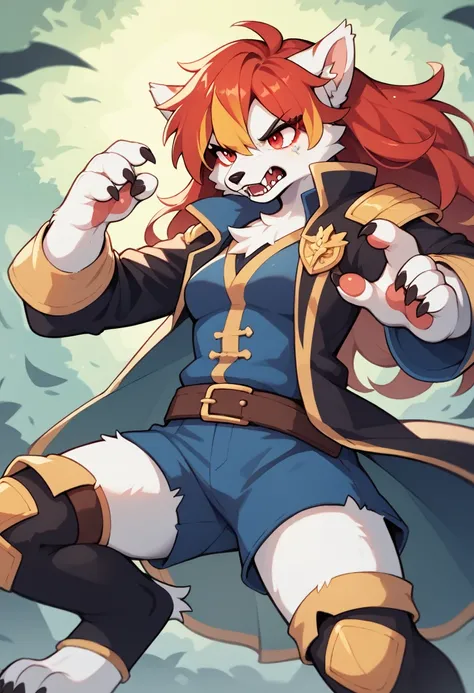 1girl furry, werewolf, colorful hair, ragged medieval skirt, ragged medieval commanders jacket and shorts, attacking pose, abstract forest fog background, evil chatacter, red hair dye tips in hair, long hair, blue and red eyes with yellow spark, a ferociou...