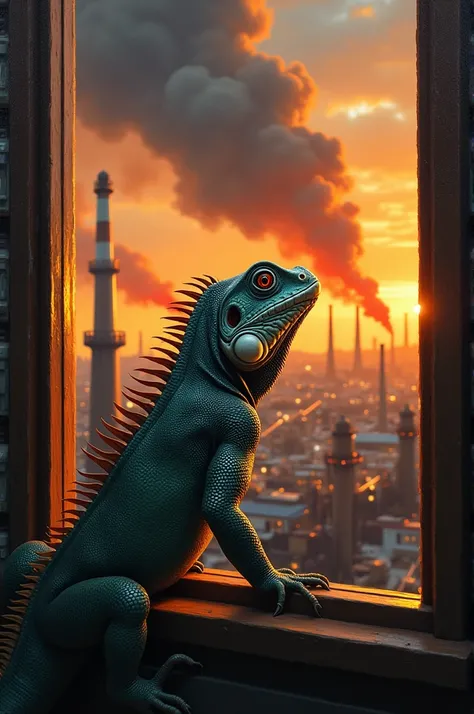 An iguana looking out the window as an oil refinery catches fire and destroys 