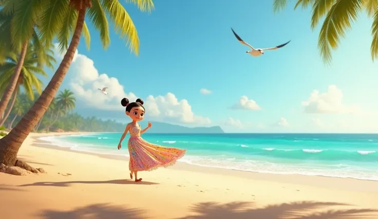  image of a beautiful beach , sunny, The sea is calm ,  there is a Siri strolling on the sand, Pixar style