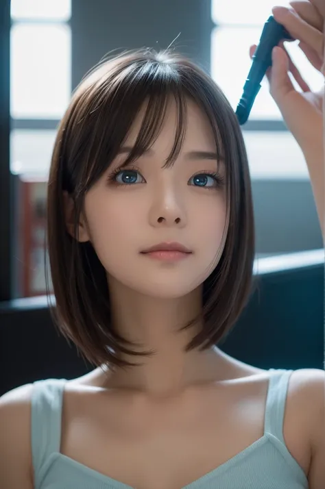  raise your arms、I can see the side、Short bob hair inner wrap、 sexy(8k, RAW photo, best quality, masterpiece:1.2), (realistic, photo-realistic:1.37),1 girl,cute, light smile,blue eyes, (Alone),detailed faceponytail, dramatic angle,
,office,looking at viewe...