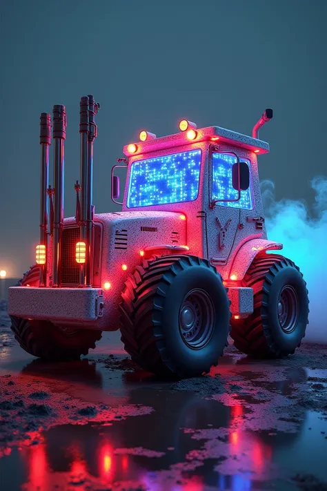 Backhoe with car tires and full of colored lights adorning it with truck exhausts 