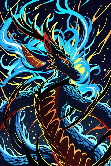 Create a powerful, mythical creature: a Chinese dragon with the majestic, imposing head of a Megaloceros (giant deer with large antlers). This dragon should have a long, serpentine body covered in shimmering scales that reflect deep blues, blacks, and purp...