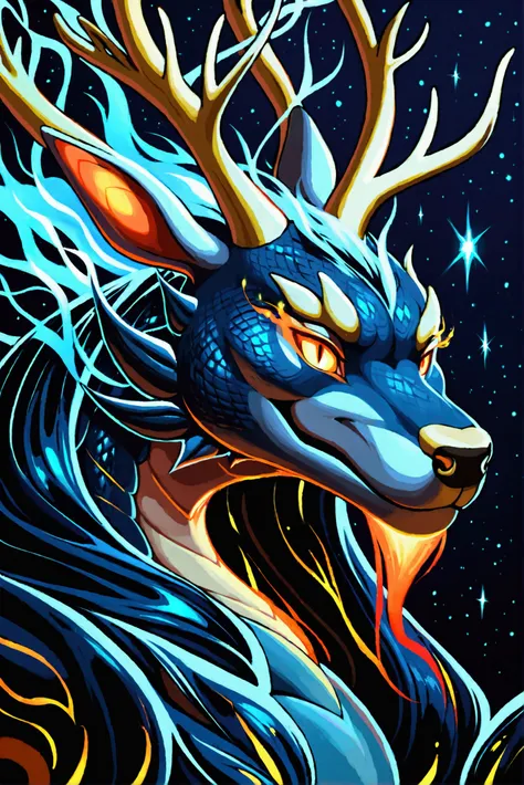 Create a powerful, mythical creature: a Chinese dragon with the majestic, imposing head of a Megaloceros (giant deer with large antlers). This dragon should have a long, serpentine body covered in shimmering scales that reflect deep blues, blacks, and purp...