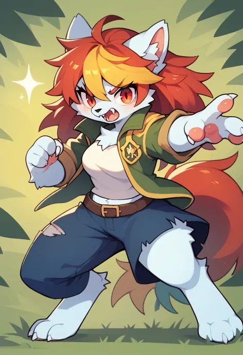 1girl furry, werewolf, colorful hair, 3toes, 4fingers, ragged medieval skirt, ragged medieval commanders jacket and shorts, attacking pose, abstract forest fog background, evil chatacter, red hair dye tips in hair, long hair, blue and red eyes with yellow ...