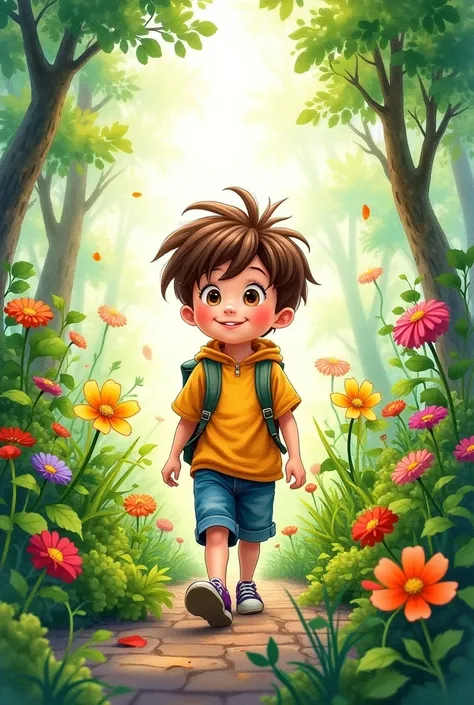 Watercolor images of a boy in the garden is