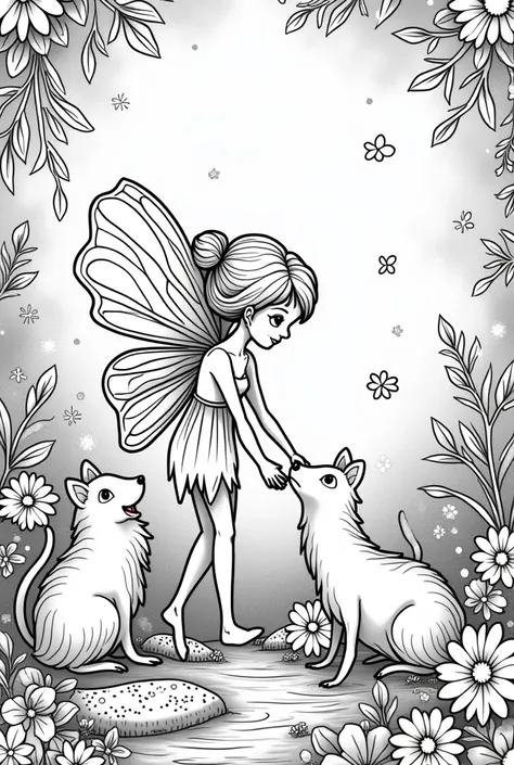 A coloring book featuring fairy with  animals. Black-and-white illustrations with bold, thick outlines. The images are in a cartoon style.


