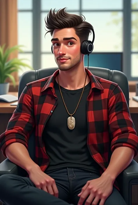  Create a 4k rendering , disney style,  of a young man in his 30s ,  wearing black jeans and a basic black t-shirt ,  over a wide plaid shirt , Black and red,  your face is beautiful and sharp ,  short hair and dark eyes ,  a light beard for making .  He w...