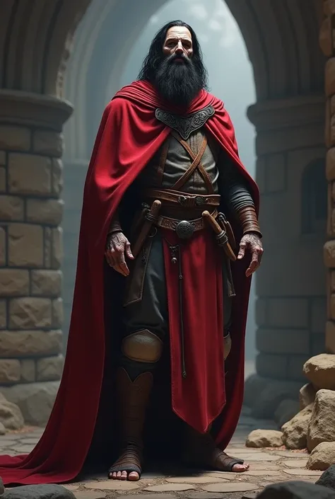 Um personagem de  full body  de RPG com as seguintes características: ( full body :1.5), (man:1.5), zombie,  black hair , black beard, Red robe  e branco rasgado, (Red robe :1.5), Stone Dungeon in the Background , medieval fantasy, detailed, realistic, gre...