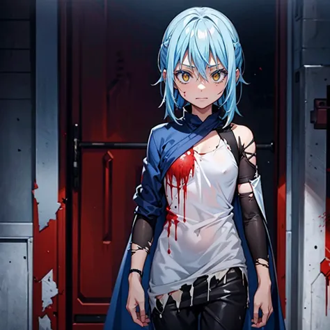 Rimuru wearing a torn garment written  "Kill"  is written in the middle of the clothes with blood,anime art.