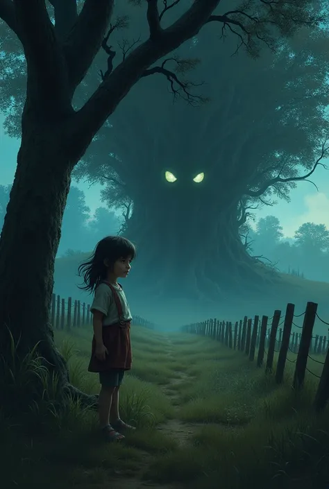 A girl on a farm next to a terrifying forest with tall trees and a monster watching the girl from behind a tree in the forest at night