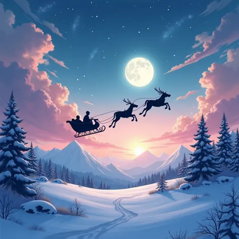 A CHRISTMAS LANDSCAPE WITH ANIME SKY. WITH A SLEIGH SHADOW OVER A MOON 