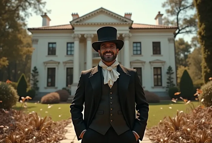  characters: Don Lorenzo Montiel ,  laughing with arrogant gesture .  
Description:  Don Lorenzo standing at the door of his mansion ,  laughing with contempt as the wind blows around him .  
Era: Late 19th century.  
outfit: Dark and elegant suit ,  with ...