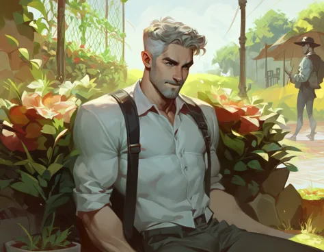 italian man. gray hair. wearing pants. in the garden.