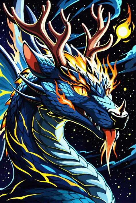 Create a powerful, mythical creature: a Chinese dragon with the majestic, imposing head of a Megaloceros (giant deer with large antlers). This dragon should have a long, serpentine body covered in shimmering scales that reflect deep blues, blacks, and purp...