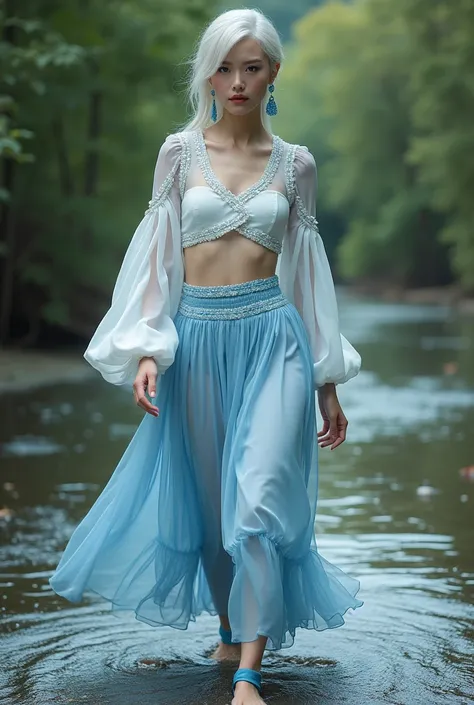 realistic fashion photography, exterior view from wide angle , full body ,super detailed, a high fashion picture of a female model with blue makeup,that wear a crop tight blouse with wide long-sleeves and  chelsea collar,midi cornet skirt,with pearl embroi...