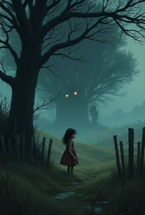 A girl on a farm next to a terrifying forest with tall trees and a monster watching the girl from behind a tree in the forest at night