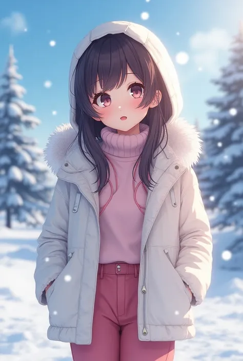 1girl, anime style, wearing white coat, pink shirt, rose gold snow pants, in winter setting, only one arm, detailed face, beautiful detailed eyes, beautiful detailed lips, extremely detailed face and eyes, long eyelashes, snow, winter, cold, snowy landscap...