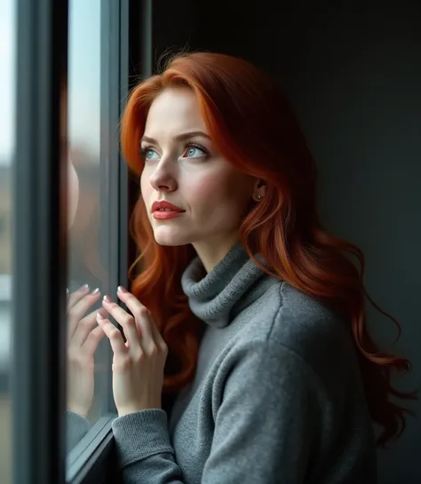 (photorealism1.2) very beautiful adult 34 years old woman, light skin, long red wavy hair, blue eyes, light muscles, giant boobs, light red lips, grey turtleneck sweater, serious face, thinking face, with face leaning on window, looking to the outside, one...