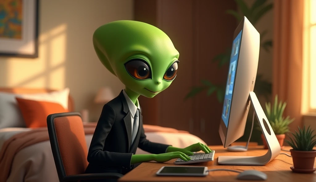 Green Alien wearing a business black suit, happy realistic animation, uses the computer inside the bedroom, back view