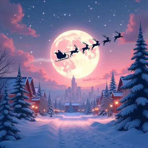 A CHRISTMAS LANDSCAPE IN A CITY WITH AN ANIME SKY. WITH A SLEIGH SHADOW OVER A MOON 