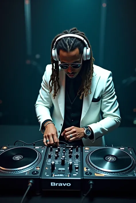 Black DJ, tanned skinned, white suit, black vest, glass turntables, white headphones, black aviators, white tie, dreadlocks, black letters at the top of image that say BRAVO, black letters at the bottom of image that say CASANOVA, High Resolution, Long Hai...