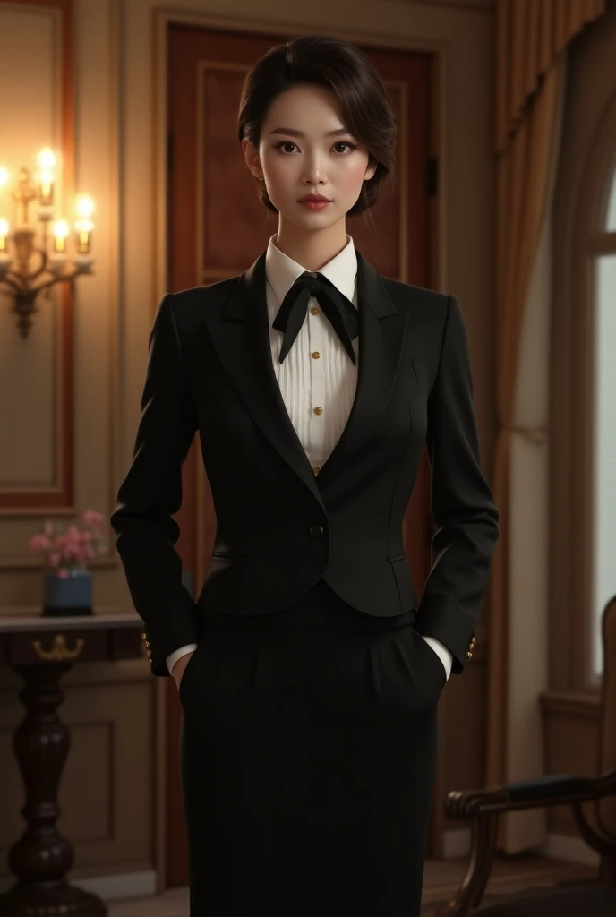 (8K, Realistic., RAW Photos, Highest quality::1.4), Photos of Japanese female butlers, The character is dressed in a formal butler outfit, similar to a tuxedo, she is wearing a black jacket ,black skirt and white shirt, as well as a silk tie and gloves,pan...