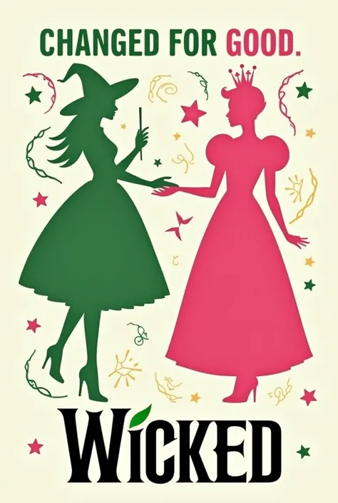 
Heres a more accurate and detailed description of the image:

"An illustration inspired by the musical Wicked, featuring stylized silhouettes of two iconic female characters from the story. On the left, a green silhouette of Elphaba, the Wicked Witch, wea...